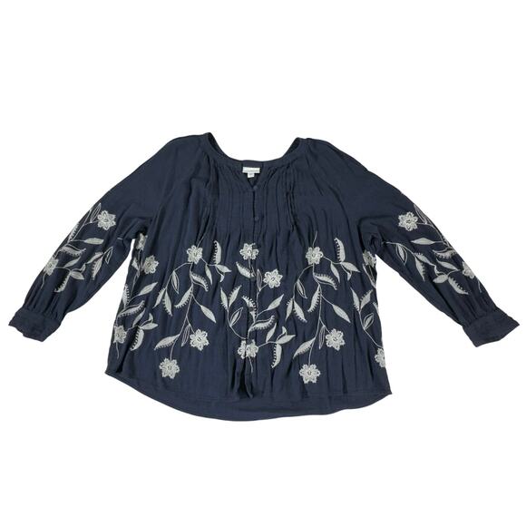 J Jill Gauzy Top Blouse Sz XL Black White Embroidery Covered Buttons Semi Sheer - Picture 6 of 9